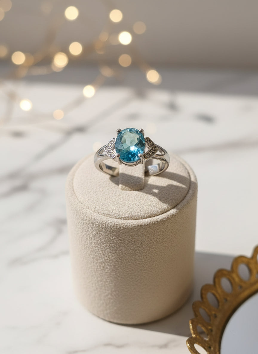 Silver gemstone ring with a blue topaz centerpiece and sparkling accents, displayed on a beige ring holder.