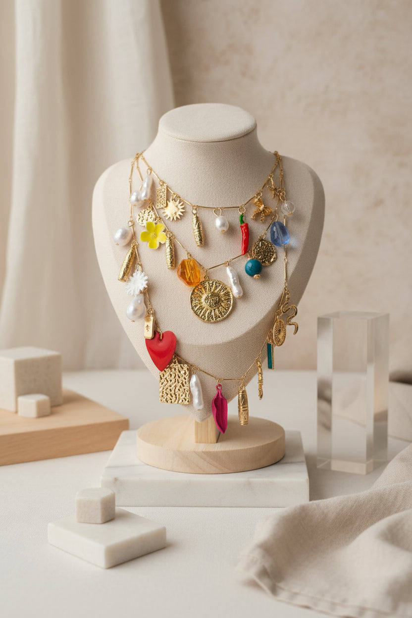Colorful bohemian necklace with gold chains, pearls, flowers, and assorted charms displayed on a jewelry stand.