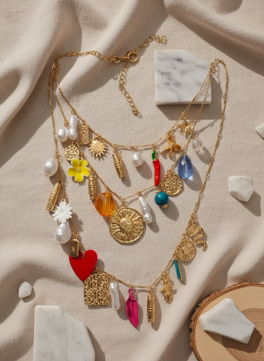 Colorful layered gold necklace with charms, pearls, and gemstones on a neutral fabric background.