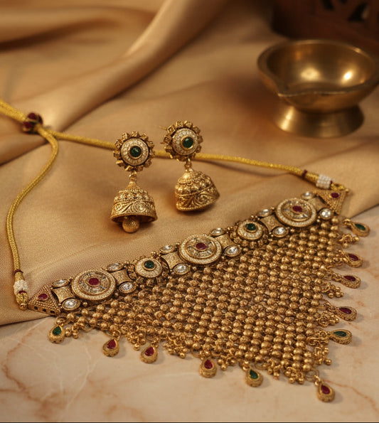 Traditional gold jewelry set with green and red stones, featuring intricate necklace and matching earrings.