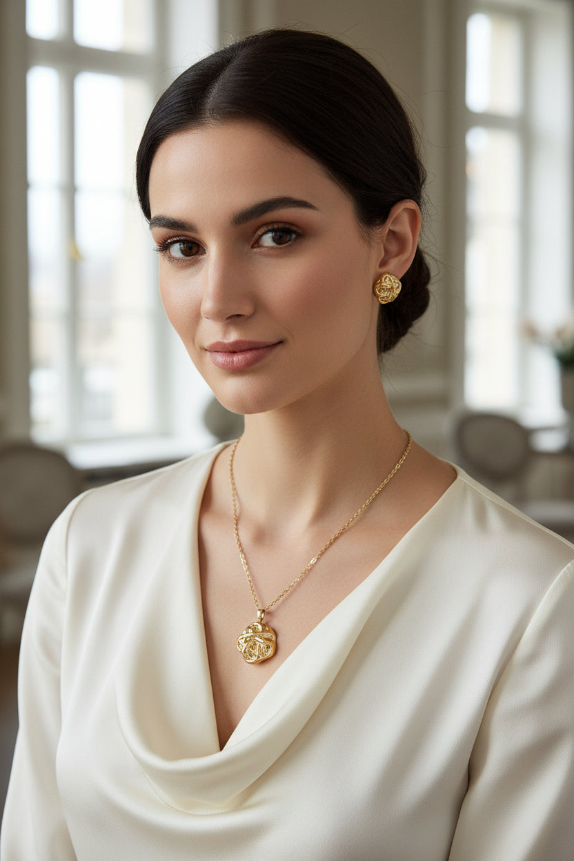 Elegant gold necklace and earrings set worn by a model, showcasing intricate design and sophistication.