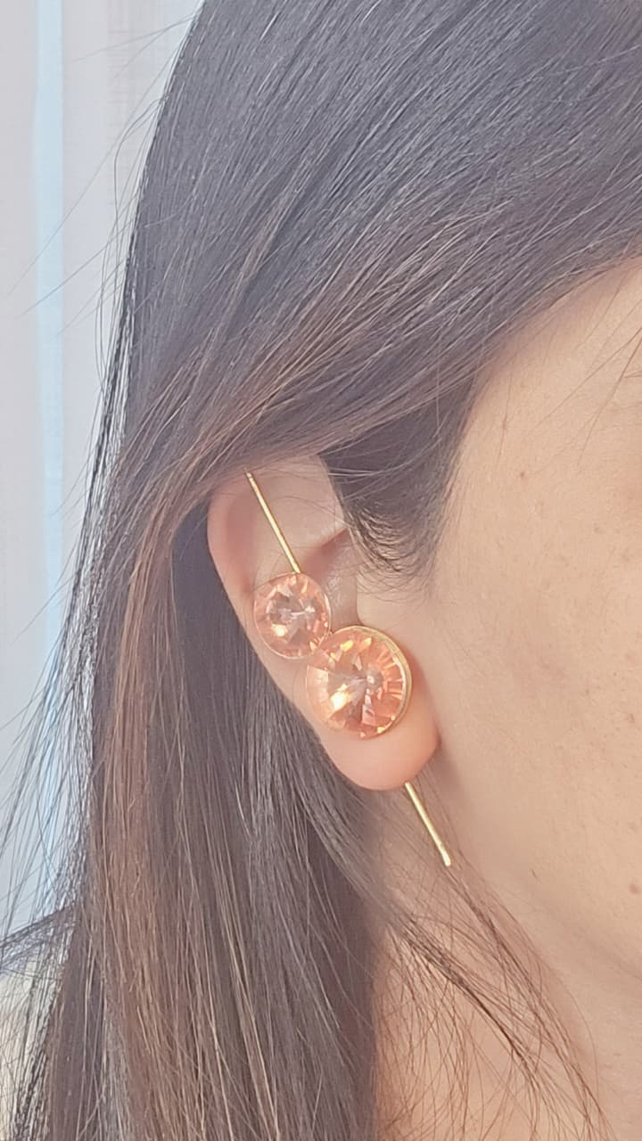 Rose gold earrings featuring two sparkling round crystals and a stylish ear pin design.