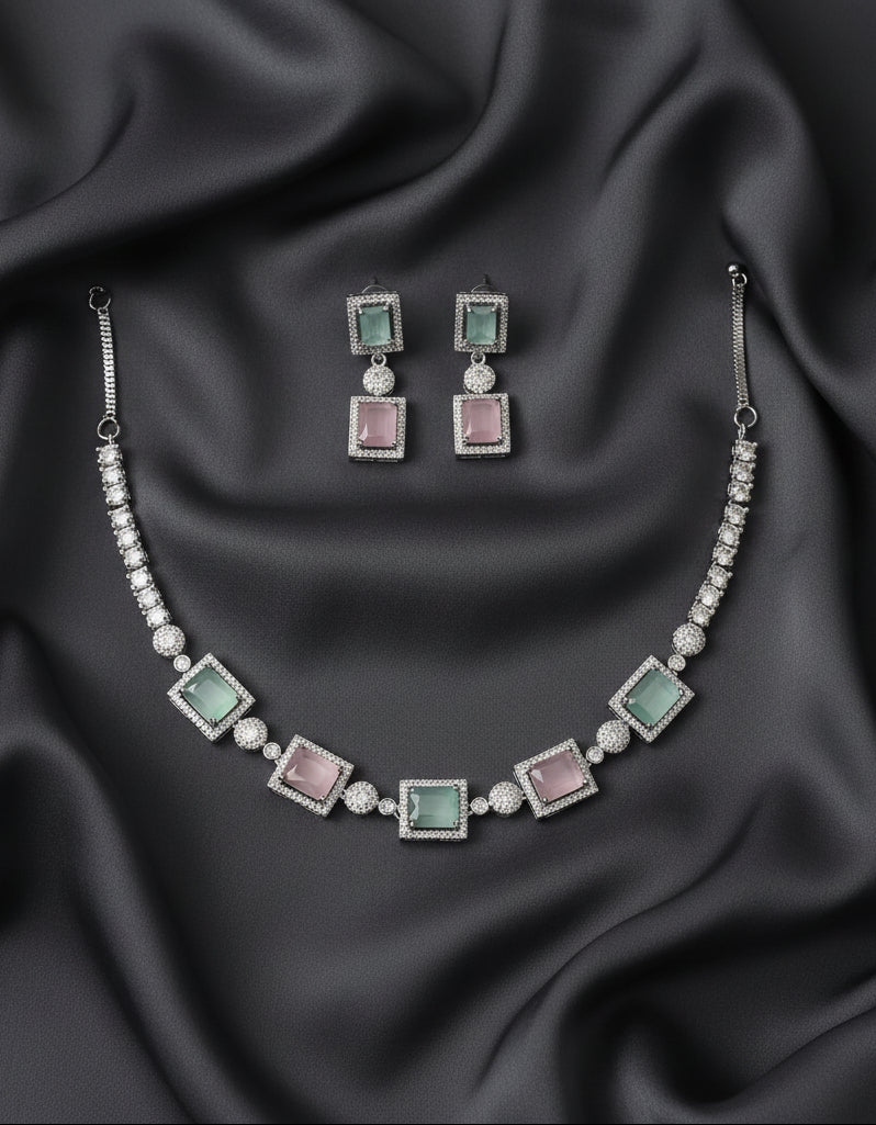 Pastel Stone & Micro American Diamond Necklace Set