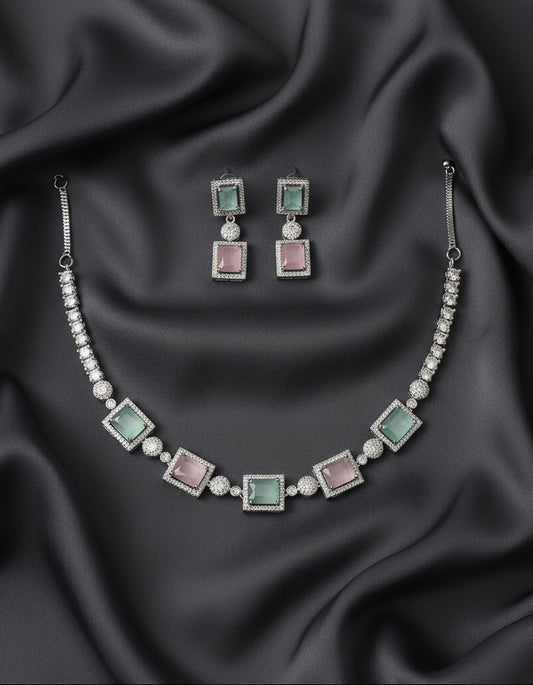 Pastel Stone & Micro American Diamond Necklace Set