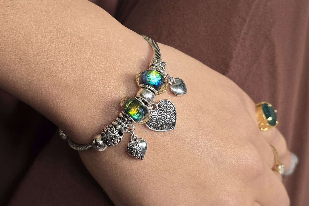 Silver-Tone Charm Bangle with Iridescent Beads