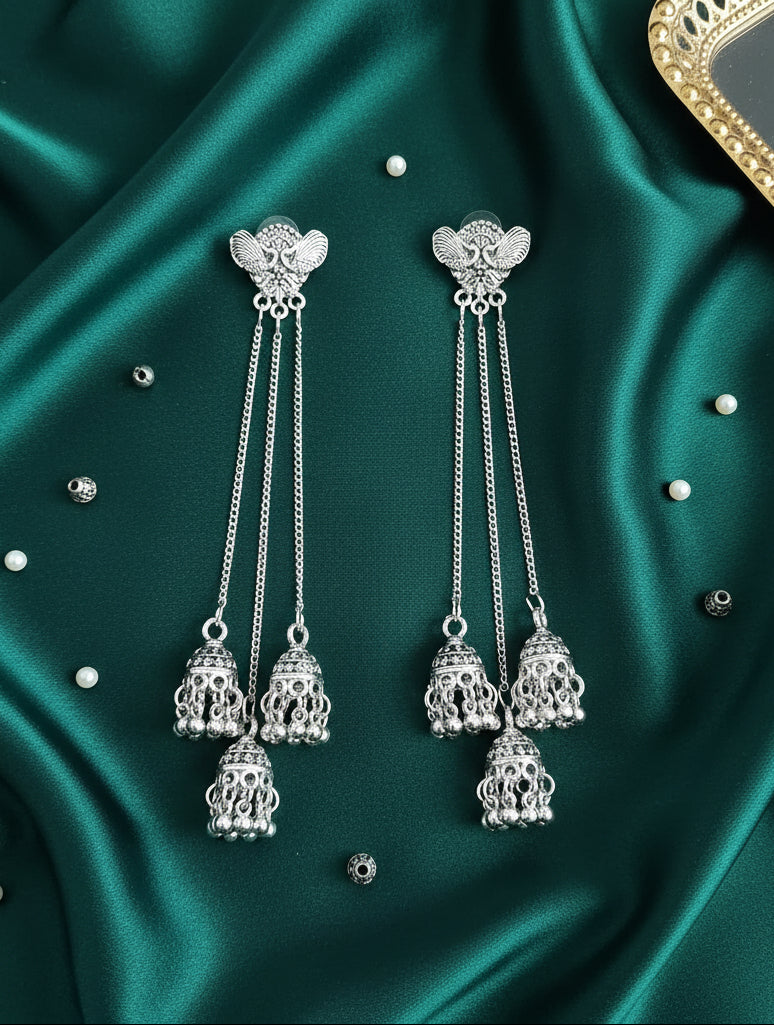 Oxidised Silver Long Tassel Jhumka
