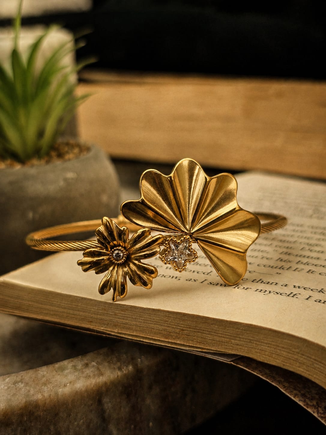 Gold Plated Anti-Tarnish Floral Statement Cuff Bracelet