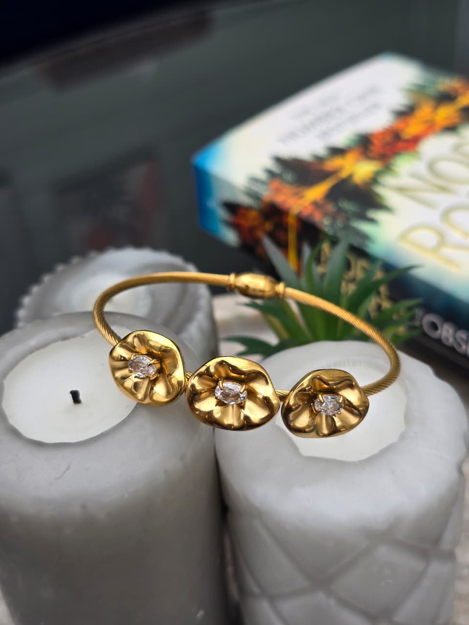 Gold Plated Anti-Tarnish Floral Crystal Cuff Bracelet