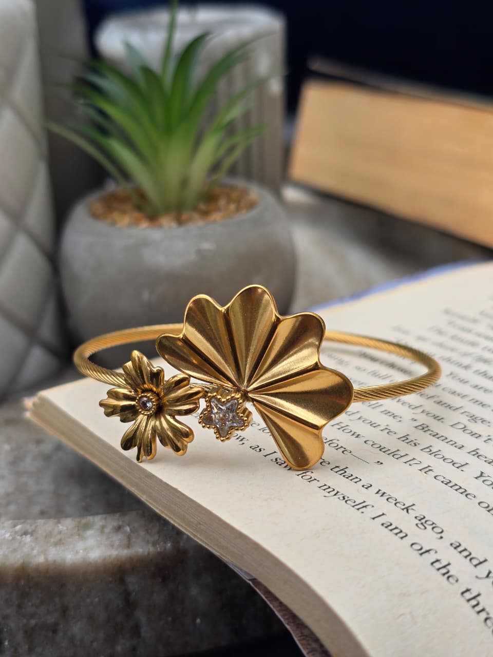 Gold Plated Anti-Tarnish Floral Statement Cuff Bracelet