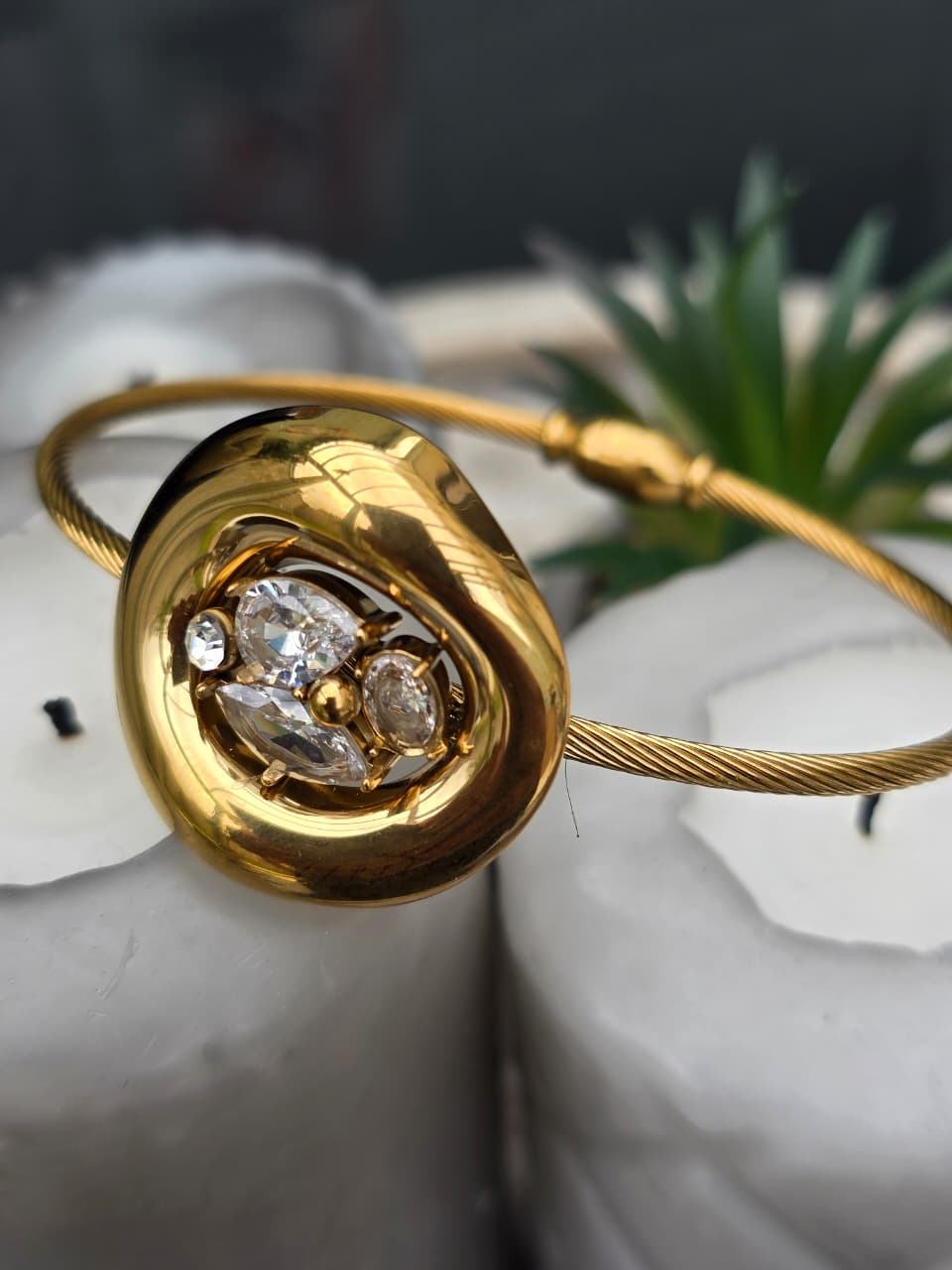 Gold Plated Anti-Tarnish Crystal Dome Cuff Bracelet