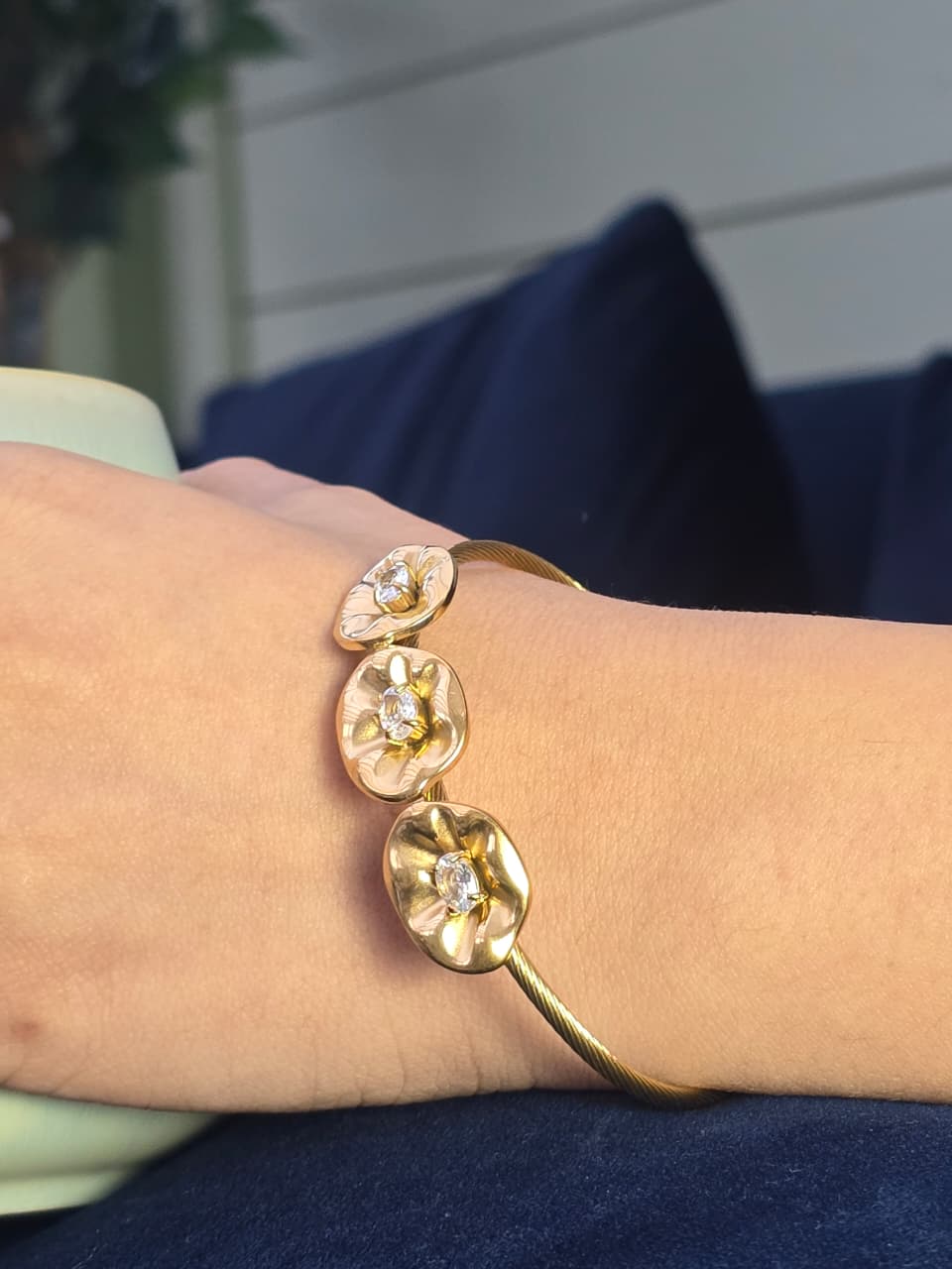 Gold Plated Anti-Tarnish Floral Crystal Cuff Bracelet