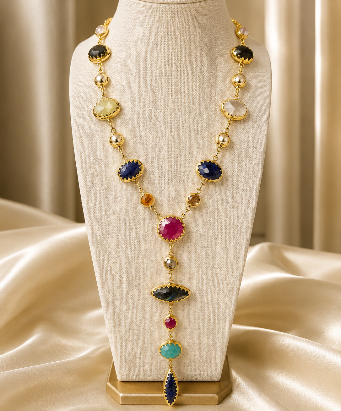 Jewel Tones Long Lariat Gemstone Necklace