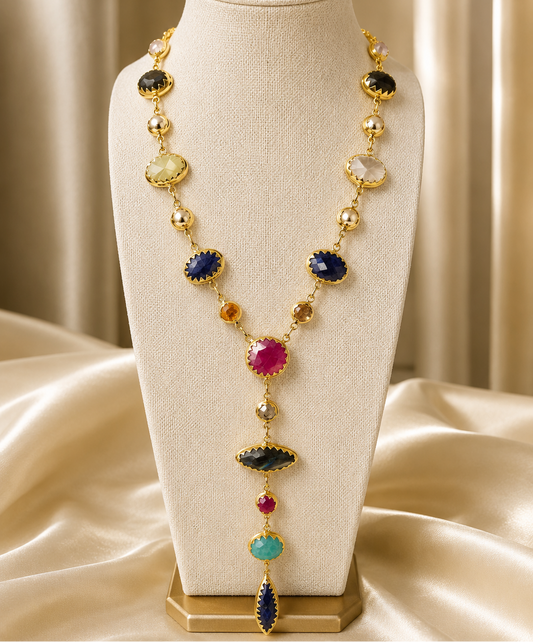 Jewel Tones Long Lariat Gemstone Necklace